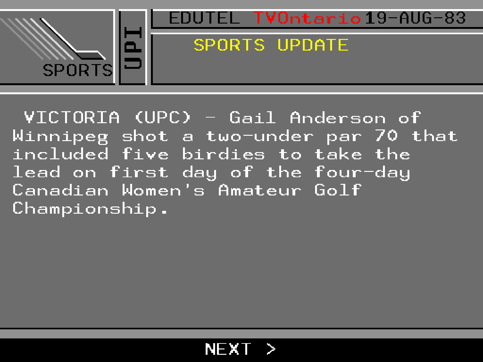 Edutel sports update page from August 19, 1983