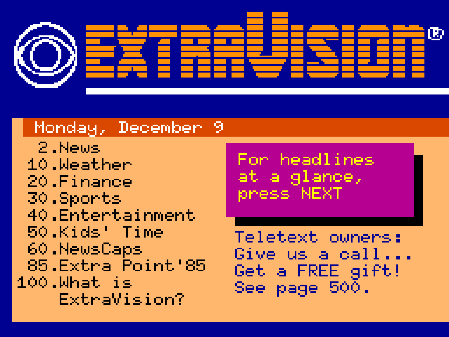 CBS ExtraVision index page